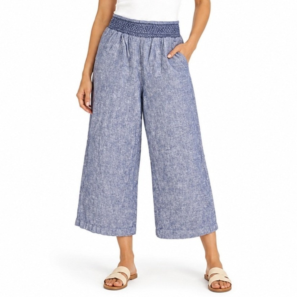 100% Linen Wide Leg Cropped Pants Women Large Blue Smocked Coastal Summer Casual